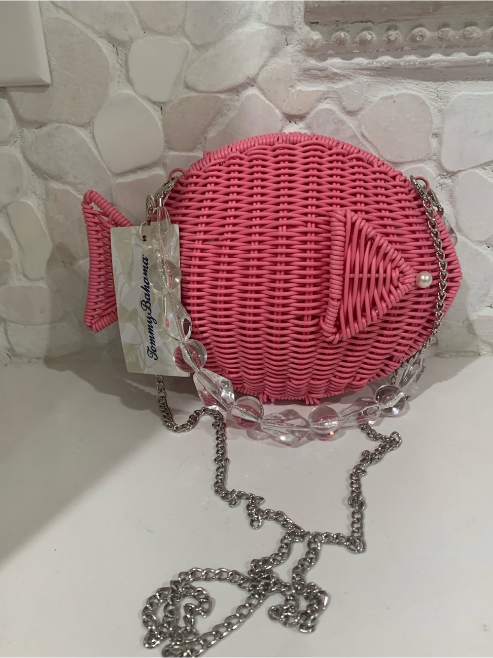 New Tommy Bahama Pink Woven Fish Crossbody with Clear Bead Accent